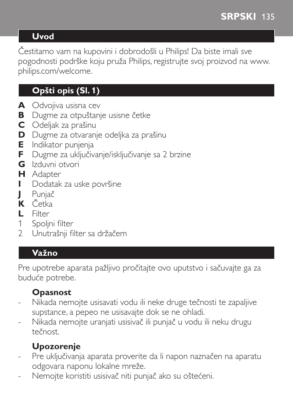 Opasnost, Upozorenje, Srpski | Uvod, Opšti opis (sl. 1), Važno | Philips FC6146 User Manual | Page 135 / 156