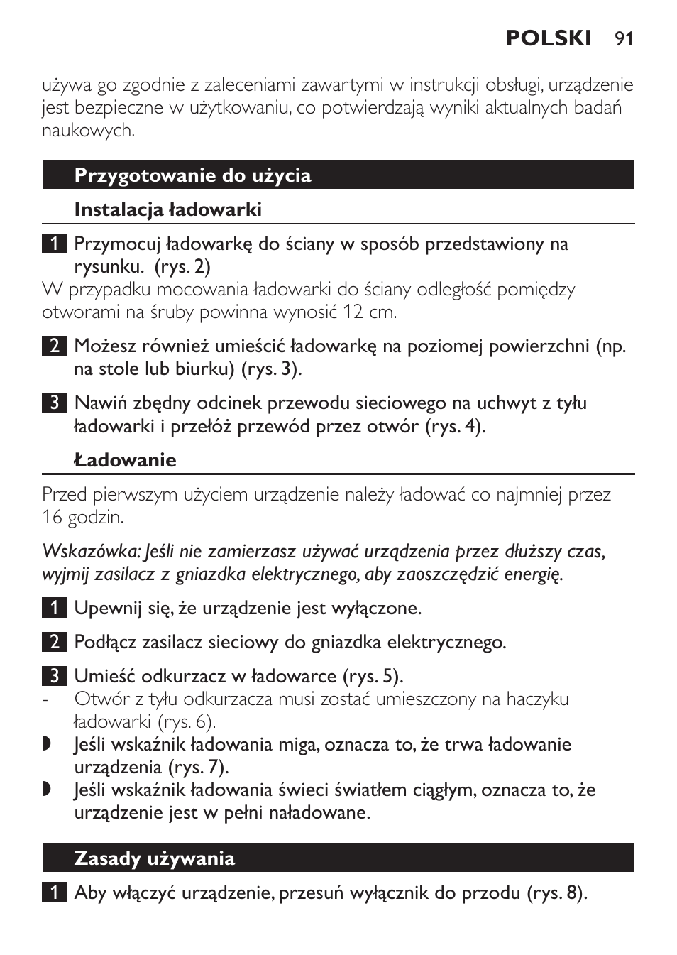 Przygotowanie do użycia, Instalacja ładowarki, Ładowanie | Zasady używania | Philips FC6146 User Manual | Page 91 / 156