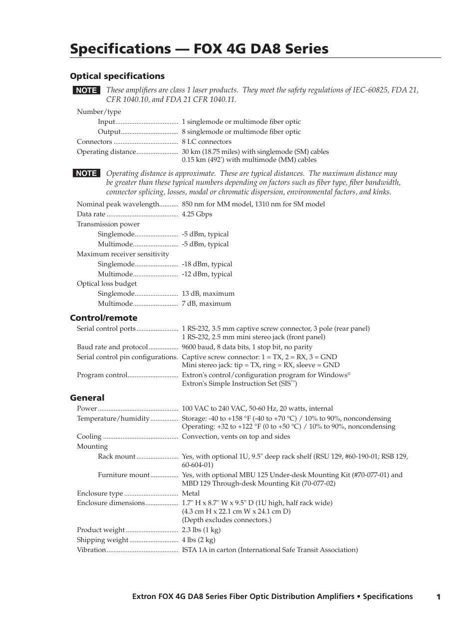Extron electronic FOX 4G DA8 Series User Manual | 2 pages