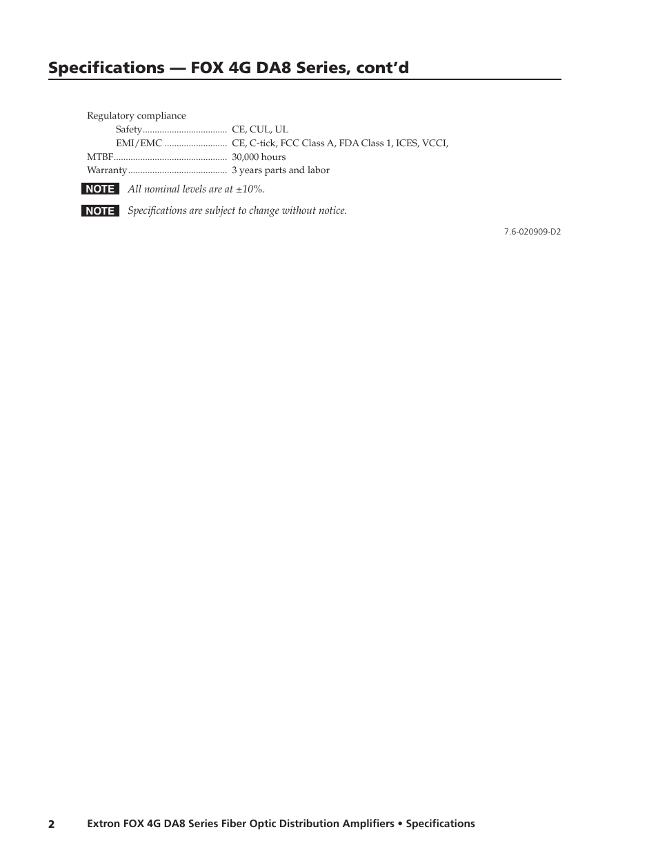 Specifications — fox 4g da8 series, cont’d | Extron electronic FOX 4G DA8 Series User Manual | Page 2 / 2