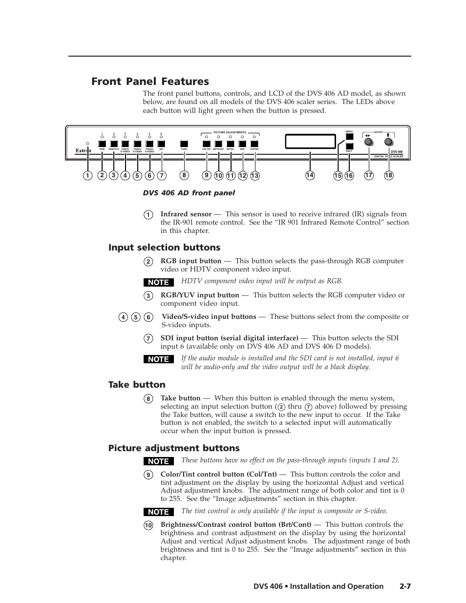 Front panel features, Input selection buttons, Take button | Picture adjustment buttons, 7 dvs 406 • installation and operation | Extron Electronics DVS 406 Series User Manual | Page 19 / 56