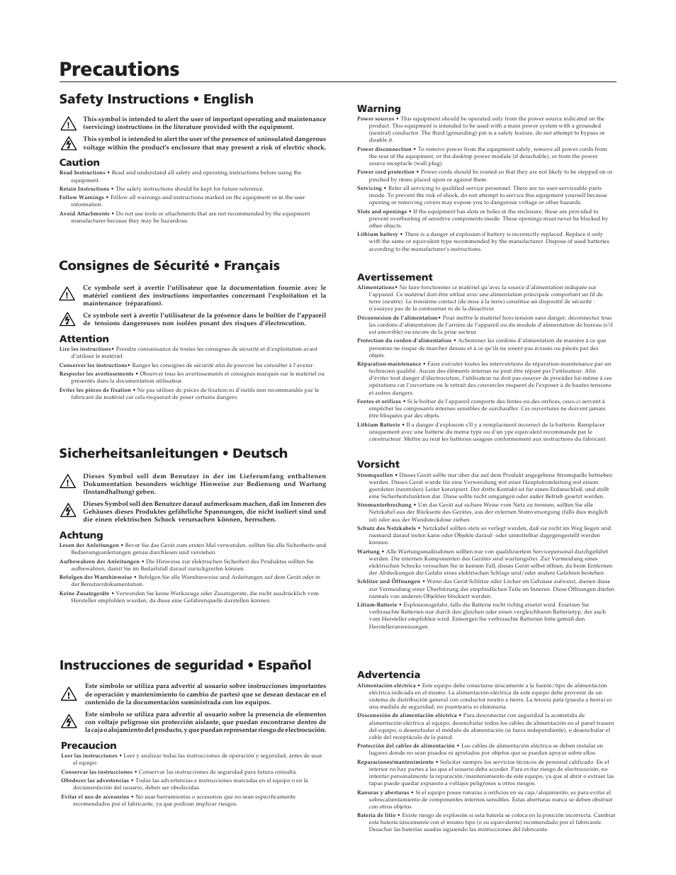 Precautions, Instrucciones de seguridad • español, Caution | Warning, Attention, Avertissement, Precaucion, Advertencia, Achtung, Vorsicht | Extron Electronics DVS 406 Series User Manual | Page 2 / 56