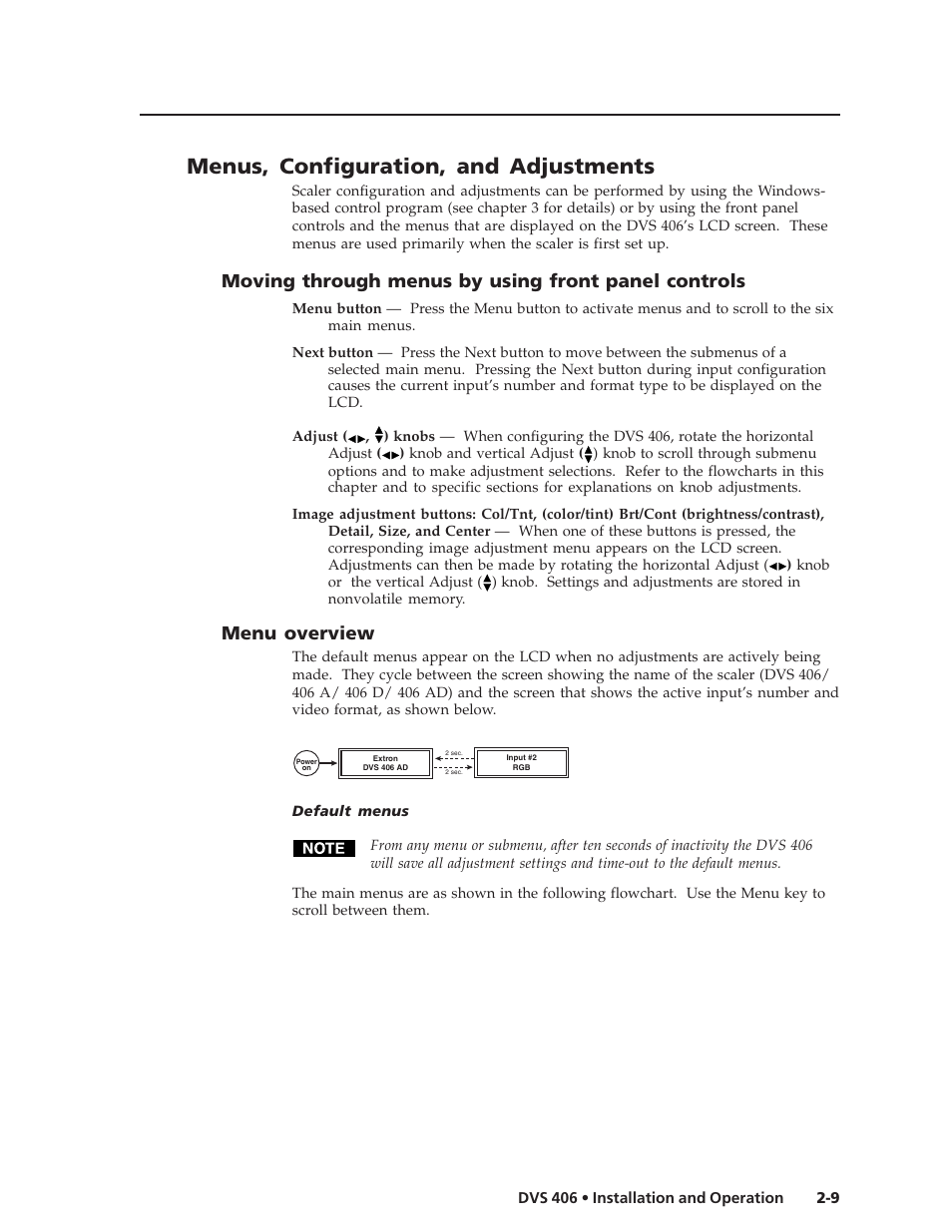 Menus, configuration, and adjustments, Moving through menus by using front panel controls, Menu overview | Extron Electronics DVS 406 Series User Manual | Page 21 / 56