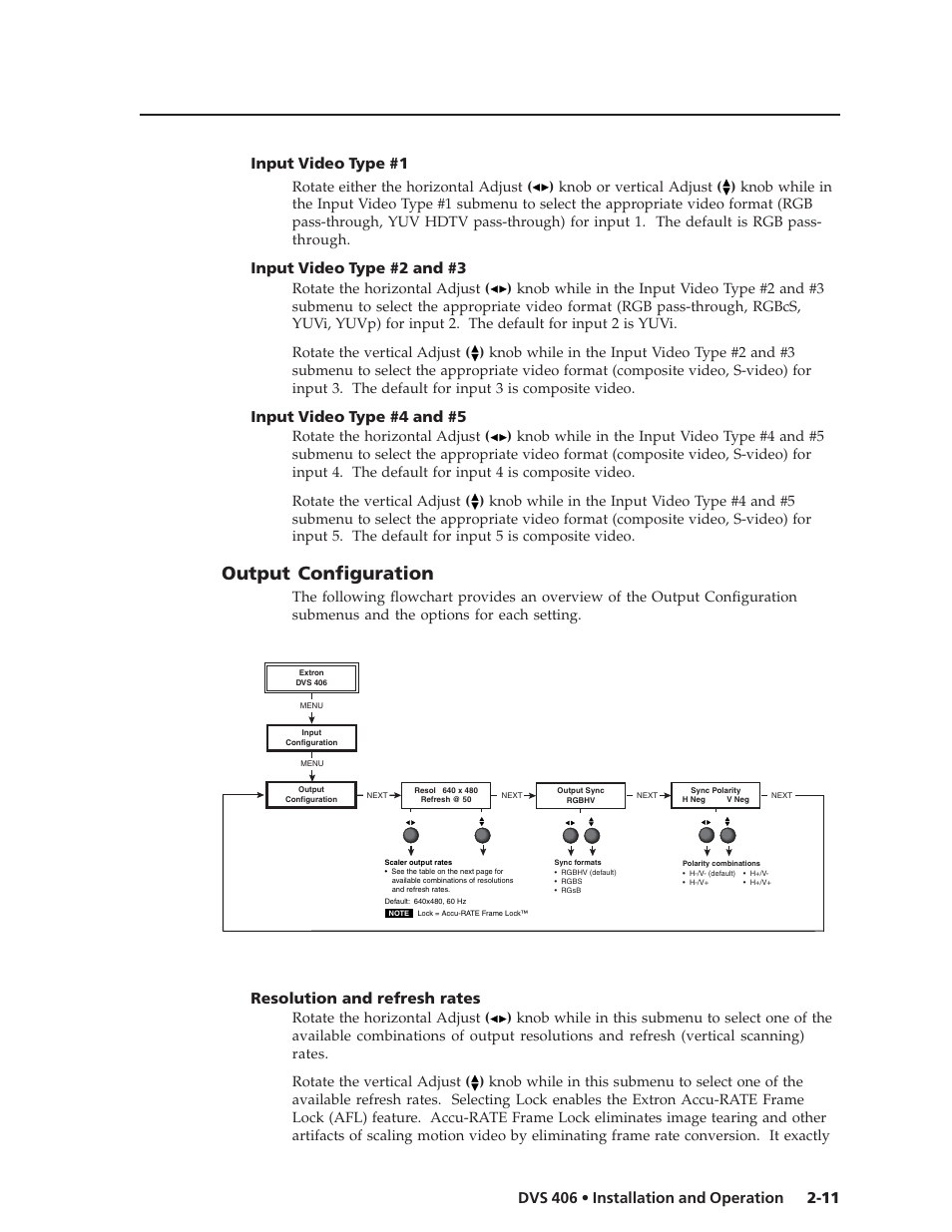 Output configuration, Input video type #2 and #3, Input video type #4 and #5 | Resolution and refresh rates | Extron Electronics DVS 406 Series User Manual | Page 23 / 56