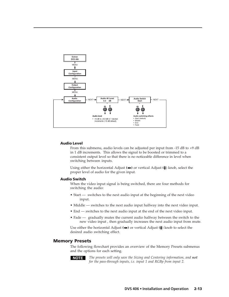 Audio level, Audio switch | Extron Electronics DVS 406 Series User Manual | Page 25 / 56