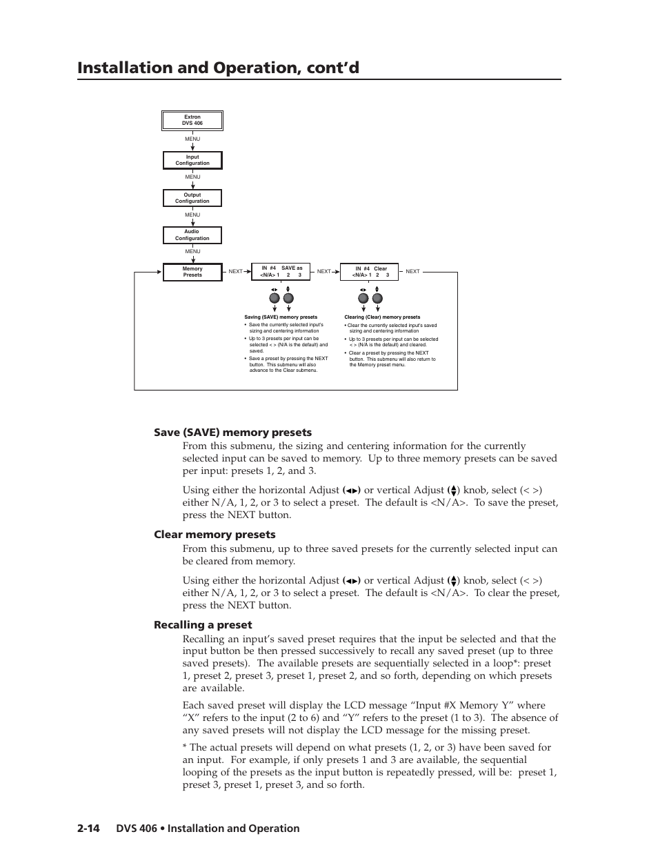 Installation and operation, cont’d, Recalling a preset | Extron Electronics DVS 406 Series User Manual | Page 26 / 56