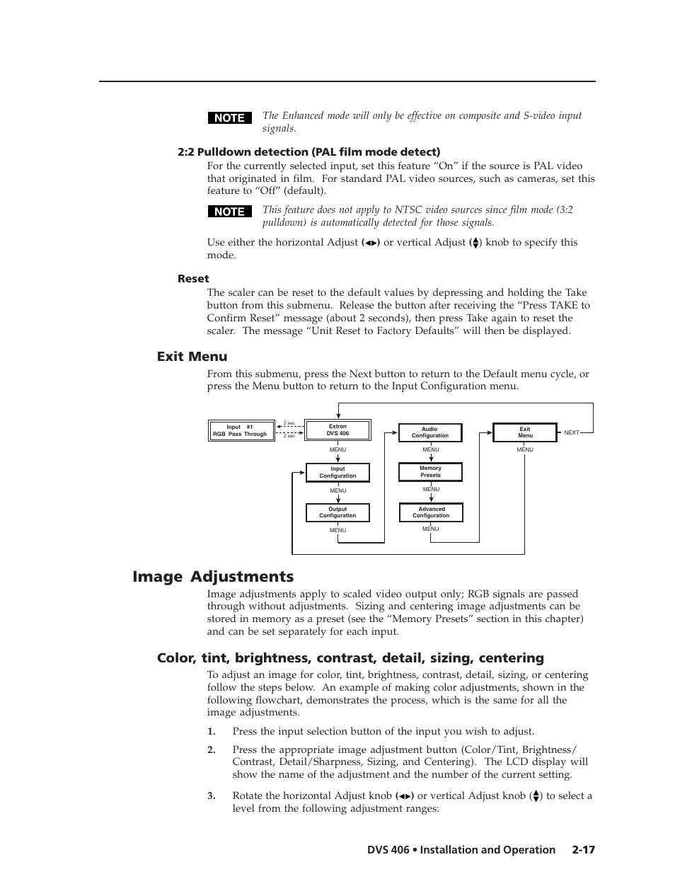 Image adjustments, Exit menu, 2 pulldown detection (pal film mode detect) | Reset | Extron Electronics DVS 406 Series User Manual | Page 29 / 56