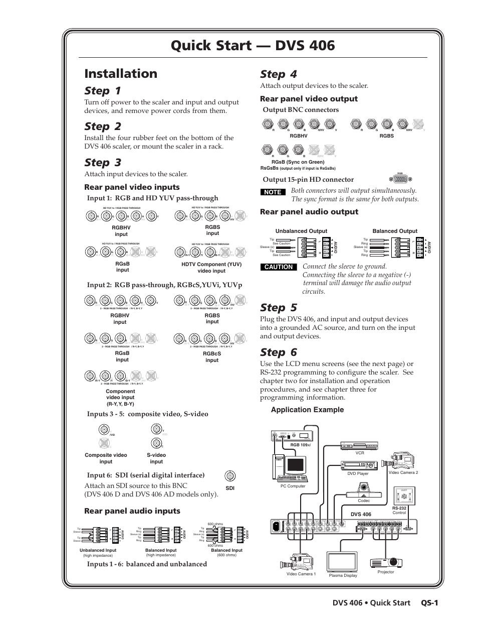 Quick start — dvs 406, Installation, Step 1 | Step 2, Step 3, Step 4, Step 5, Step 6, Qs-1 dvs 406 • quick start, Rear panel video inputs | Extron Electronics DVS 406 Series User Manual | Page 3 / 56