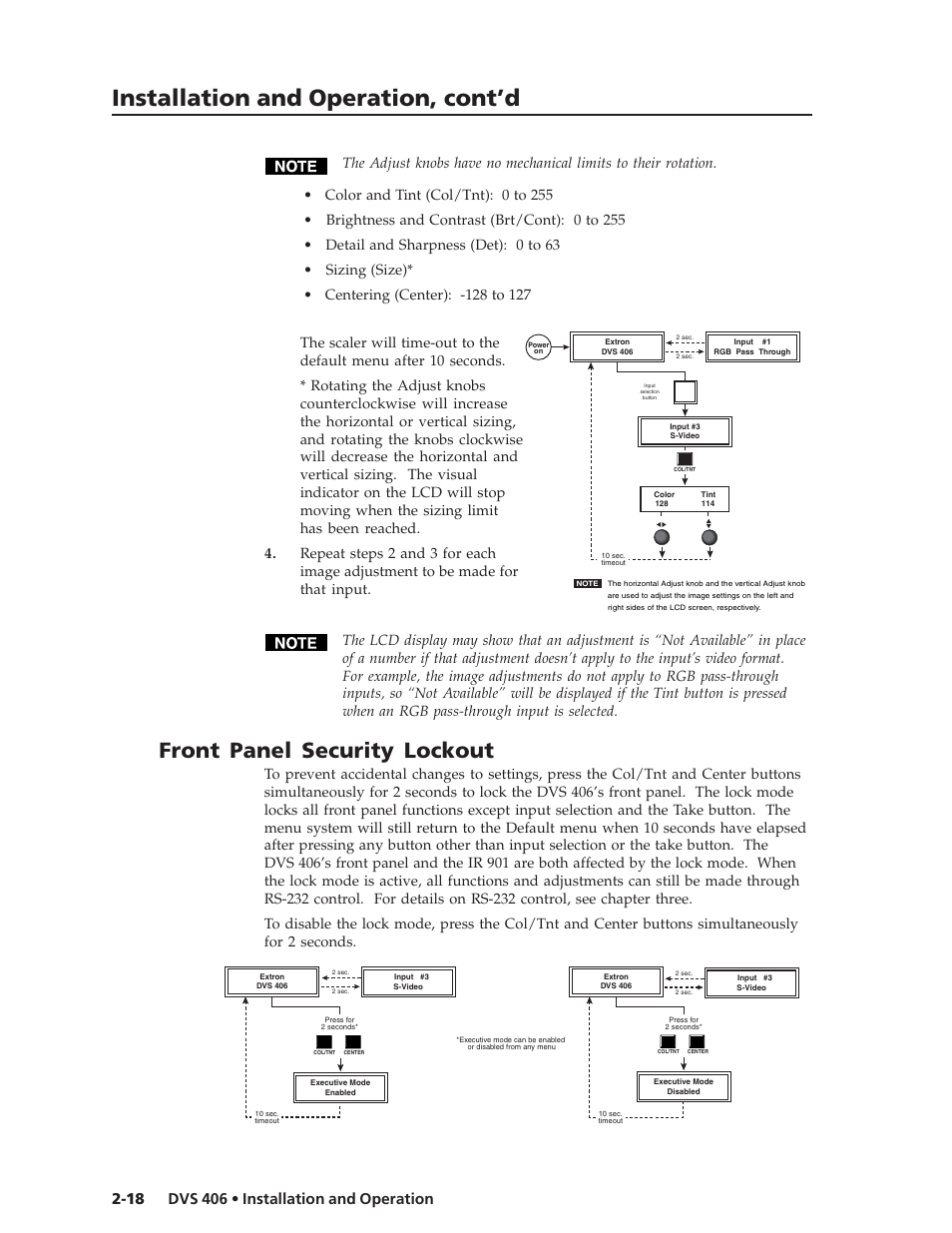 Installation and operation, cont’d, Front panel security lockout | Extron Electronics DVS 406 Series User Manual | Page 30 / 56
