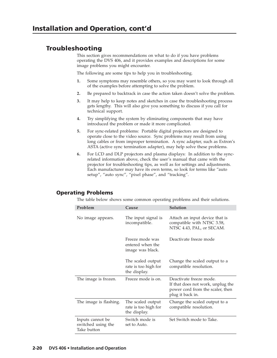 Installation and operation, cont’d, Troubleshooting, Operating problems | Extron Electronics DVS 406 Series User Manual | Page 32 / 56