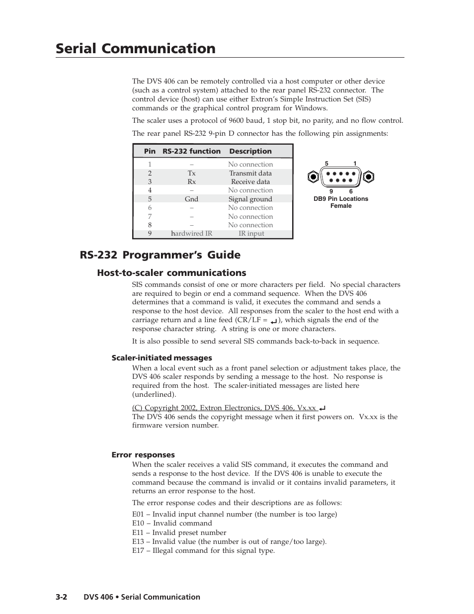 Serial communication, Rs-232 programmer’s guide, Host-to-scaler communications | Extron Electronics DVS 406 Series User Manual | Page 36 / 56