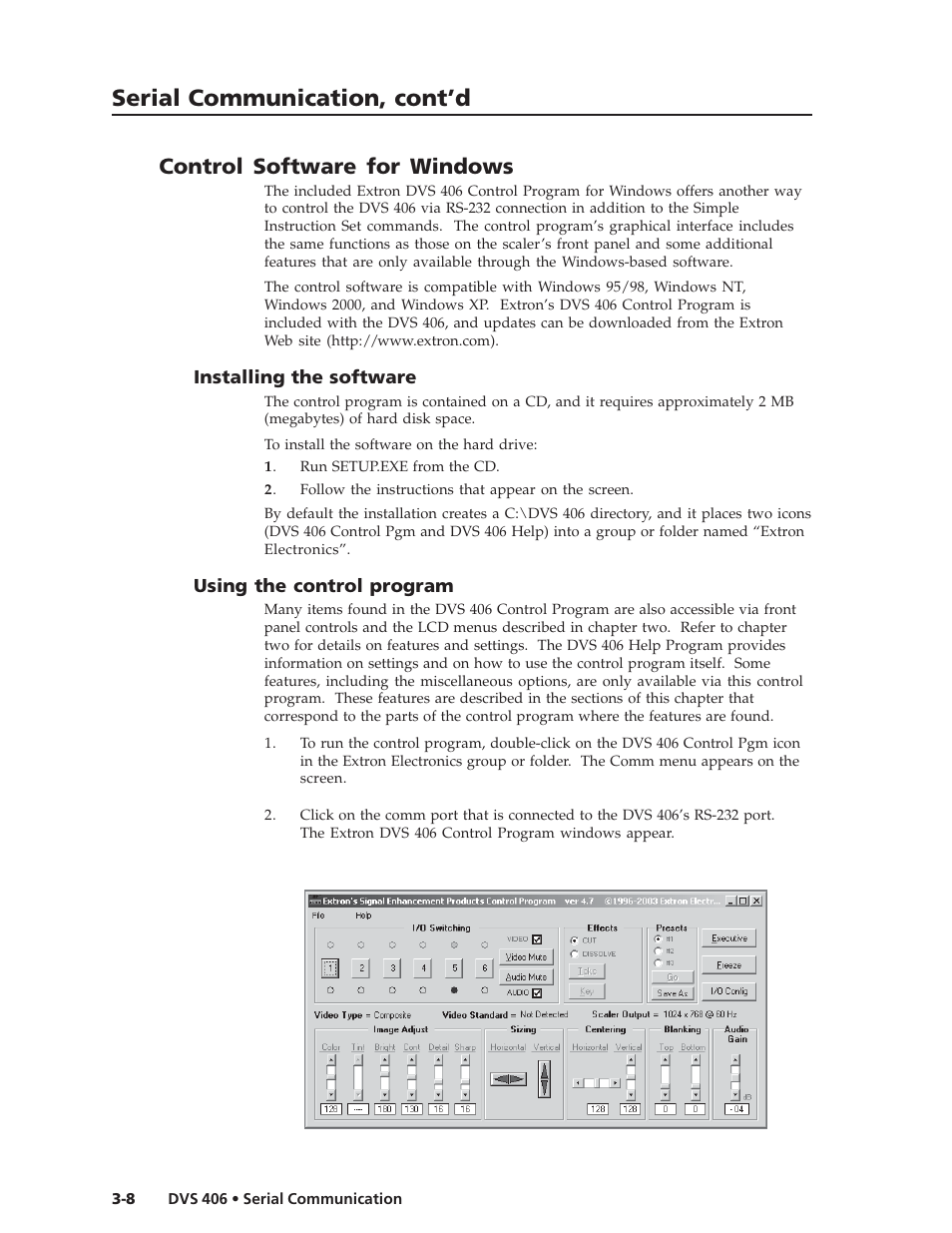 Serial communication, cont’d, Control software for windows | Extron Electronics DVS 406 Series User Manual | Page 42 / 56