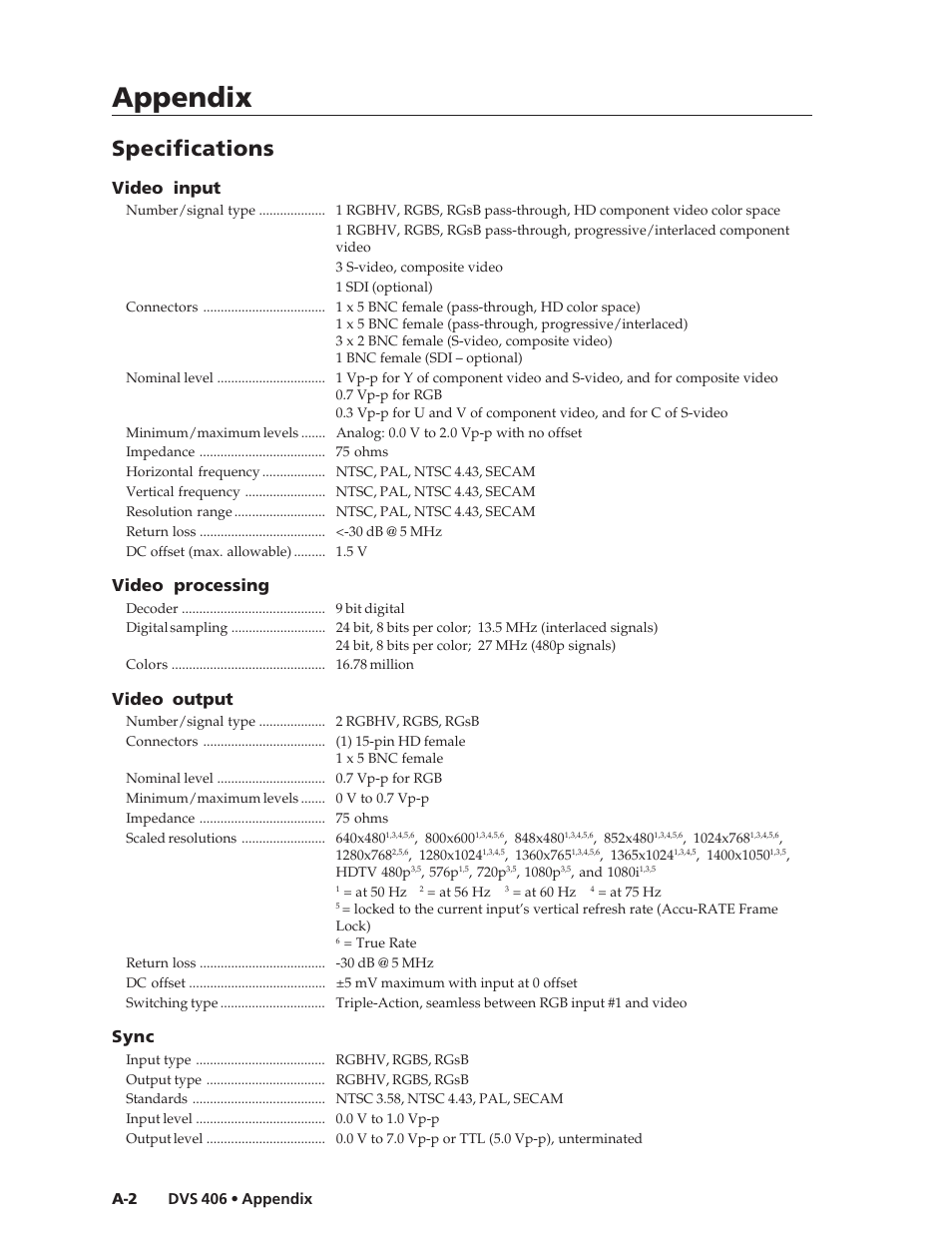 Appendix, Specifications, Video input | Video processing, Video output, Sync | Extron Electronics DVS 406 Series User Manual | Page 46 / 56