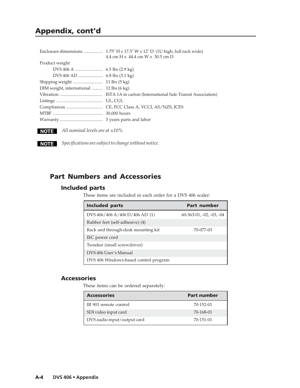 Appendix, cont’d, Part numbers and accessories | Extron Electronics DVS 406 Series User Manual | Page 48 / 56