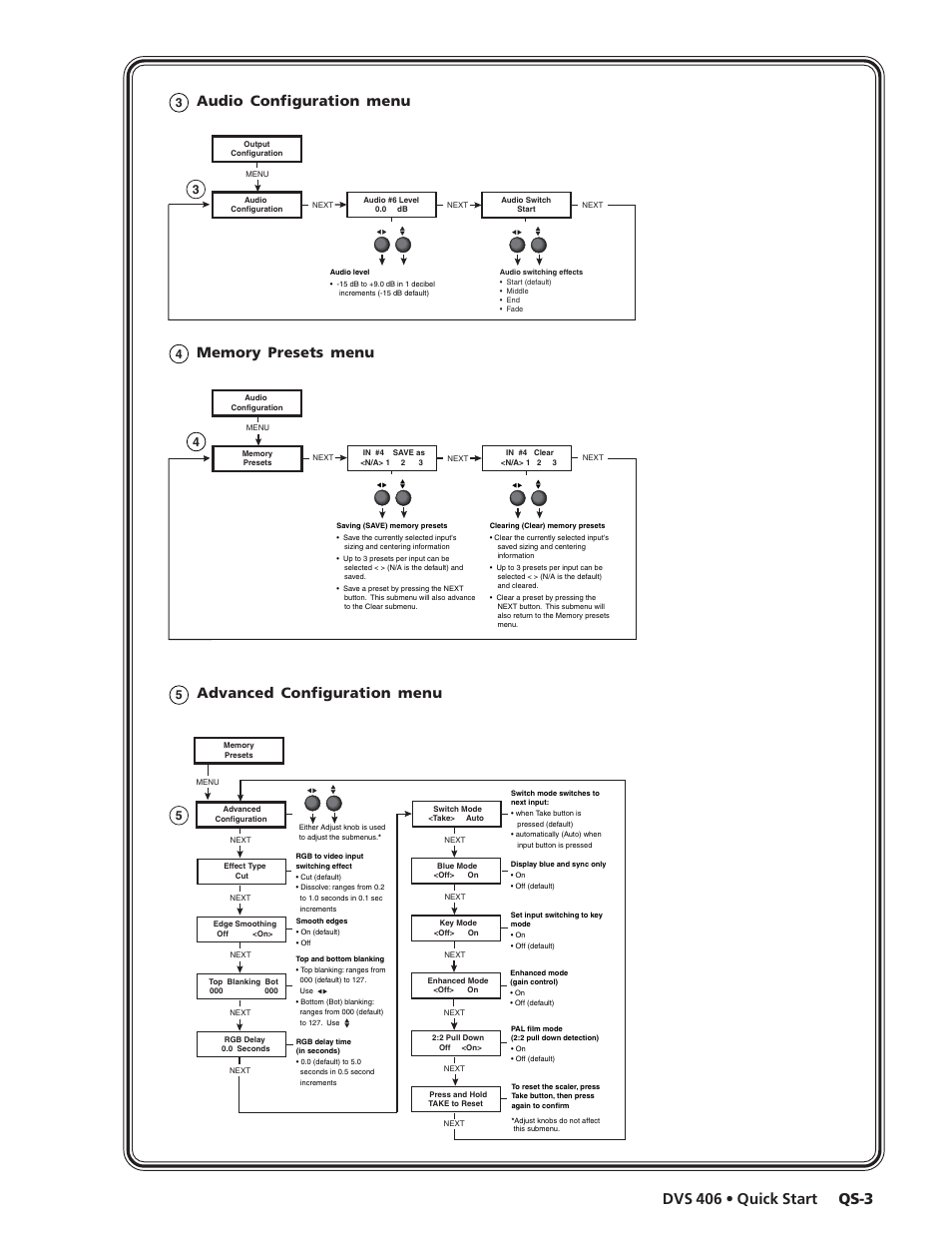 Qs-3 dvs 406 • quick start, Audio configuration menu, Advanced configuration menu | Extron Electronics DVS 406 Series User Manual | Page 5 / 56