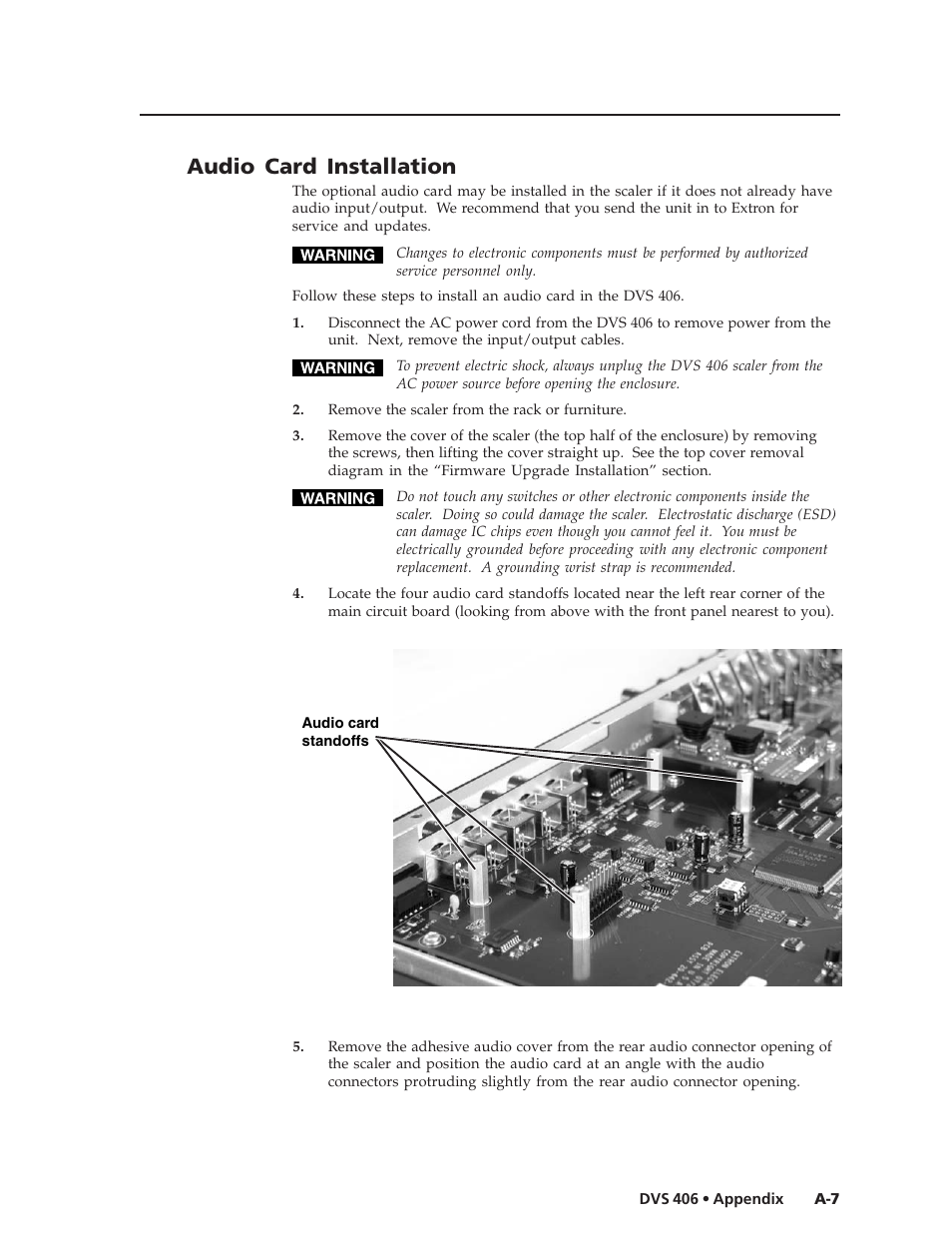 Audio card installation | Extron Electronics DVS 406 Series User Manual | Page 51 / 56