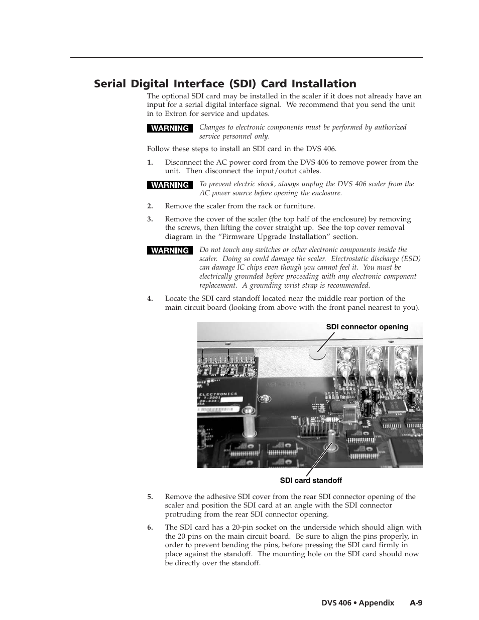 Serial digital interface (sdi) card installation | Extron Electronics DVS 406 Series User Manual | Page 53 / 56