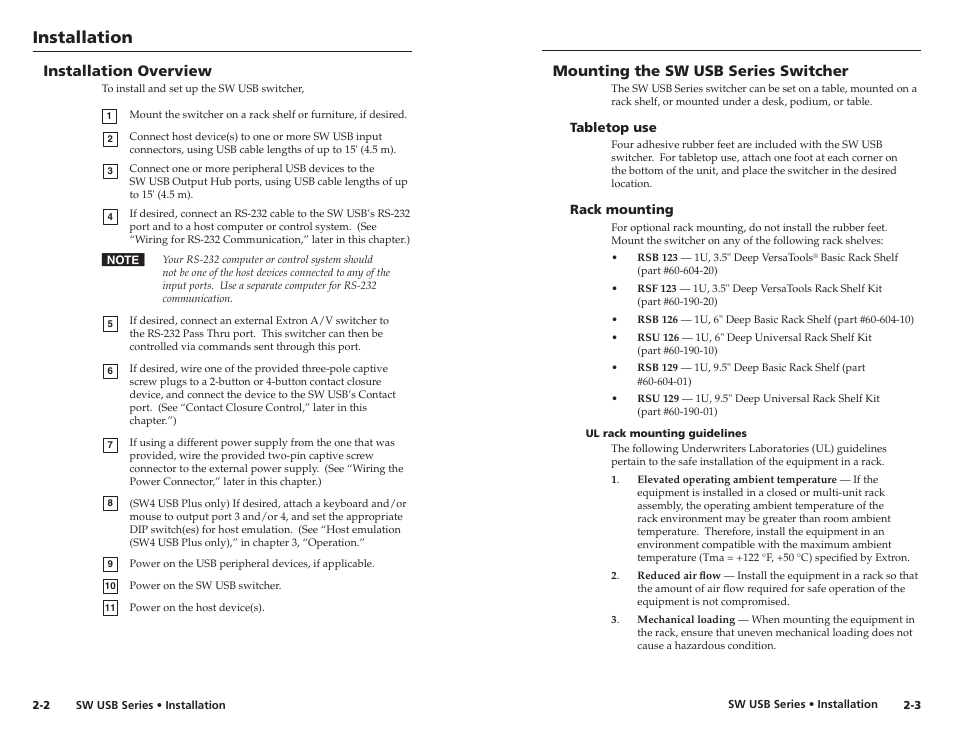 Installation overview, Mounting the sw usb series switcher, Tabletop use | Rack mounting, Ul rack mounting guidelines, Mounting the sw usb series switcher, Tabletop use -3 rack mounting -3, Ul rack mounting guidelines -3, Installation | Extron electronic RSB 126 User Manual | Page 10 / 30