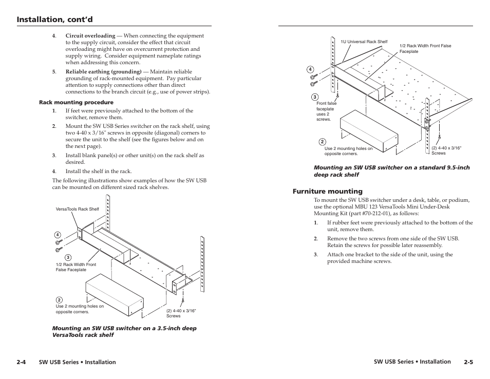 Rack mounting procedure, Furniture mounting, Rack mounting procedure -4 | Furniture mounting -5, Installation, cont’d | Extron electronic RSB 126 User Manual | Page 11 / 30