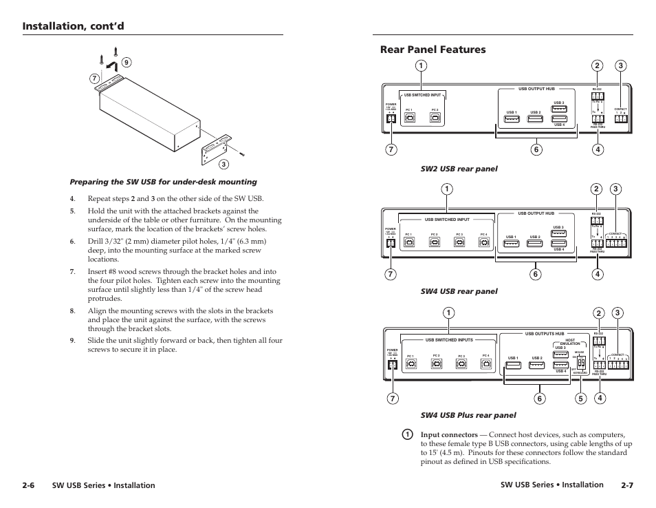 Rear panel features, Installation, cont’d, Sw usb series • installation | 6 sw usb series • installation, Preparing the sw usb for under-desk mounting | Extron electronic RSB 126 User Manual | Page 12 / 30