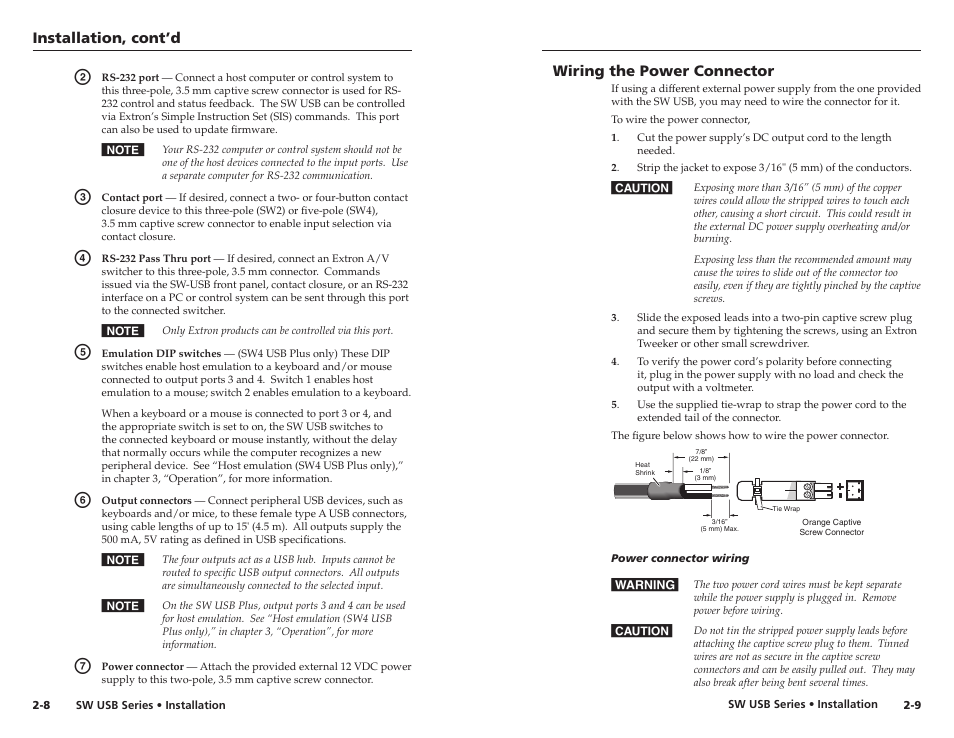 Wiring the power connector, Wiring the power connector, Installation, cont’d | Extron electronic RSB 126 User Manual | Page 13 / 30