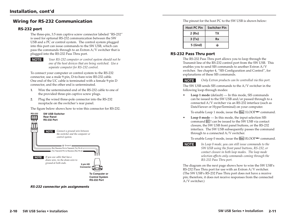 Wiring for rs-232 communication, Rs-232 port, Rs-232 pass thru port | Rs-232 port -10 rs-232 pass thru port -11, Installation, cont’d | Extron electronic RSB 126 User Manual | Page 14 / 30