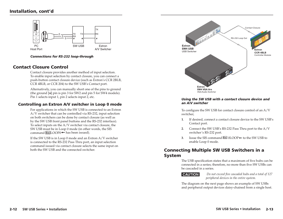 Contact closure control, Controlling an extron a/v switcher in loop 0 mode, Connecting multiple sw usb switchers in a system | Connecting multiple sw usb switchers in a system, Installation, cont’d | Extron electronic RSB 126 User Manual | Page 15 / 30