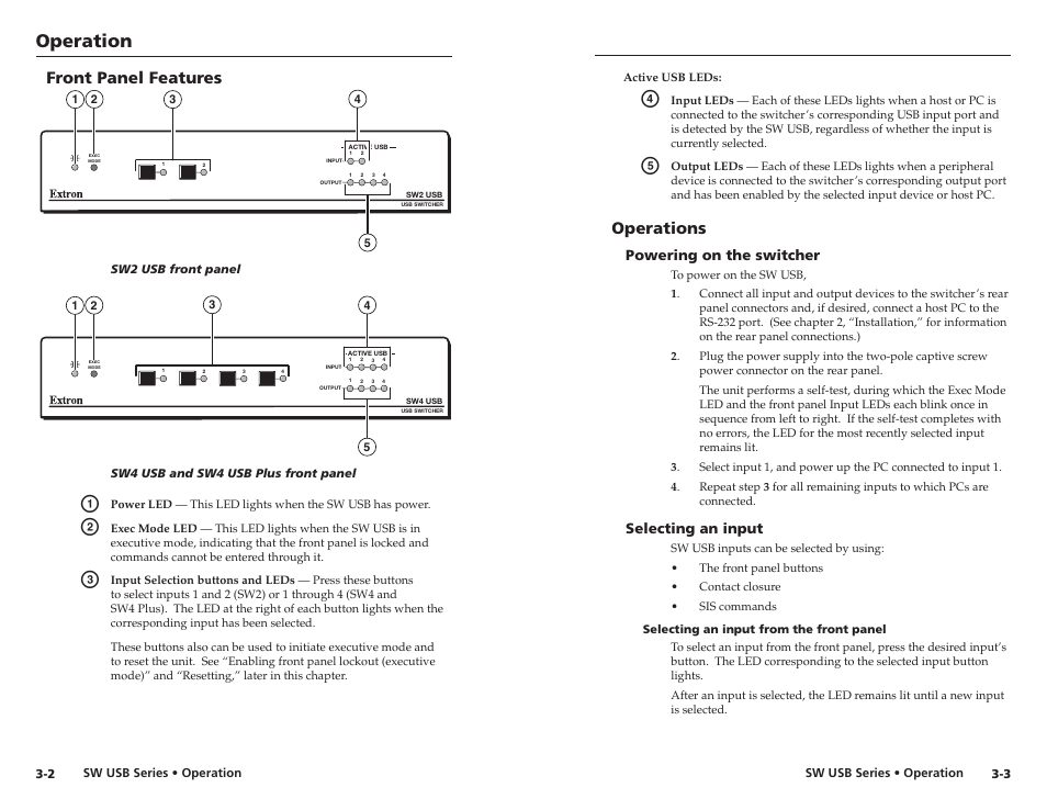 Front panel features, Operations, Powering on the switcher | Selecting an input, Selecting an input from the front panel, Selecting an input from the front panel -3, Operation | Extron electronic RSB 126 User Manual | Page 17 / 30