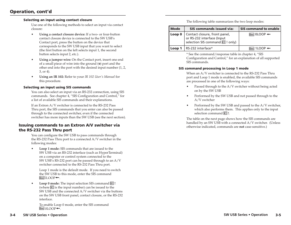 Selecting an input using contact closure, Selecting an input using sis commands, Sis command processing in loop 1 mode | Sis command processing in loop 1 mode -5, Operation, cont’d | Extron electronic RSB 126 User Manual | Page 18 / 30