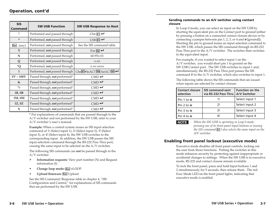 Enabling front panel lockout (executive mode), Enabling front panel lockout (executive mode) -7, Operation, cont’d | Extron electronic RSB 126 User Manual | Page 19 / 30