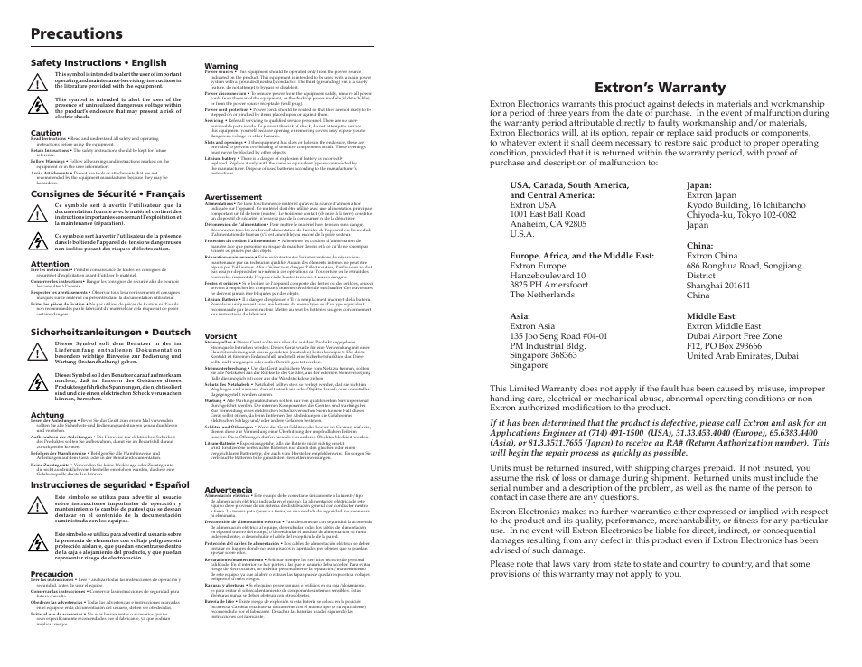 Warranty safety precautions, Precautions, Extron’s warranty | Instrucciones de seguridad • español | Extron electronic RSB 126 User Manual | Page 2 / 30