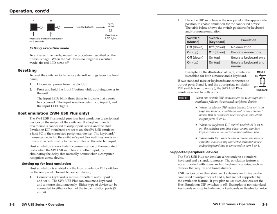 Resetting, Host emulation (sw4 usb plus only), Setting up for host emulation | Supported peripheral devices, Resetting -8, Host emulation (sw4 usb plus only) -8, Operation, cont’d | Extron electronic RSB 126 User Manual | Page 20 / 30