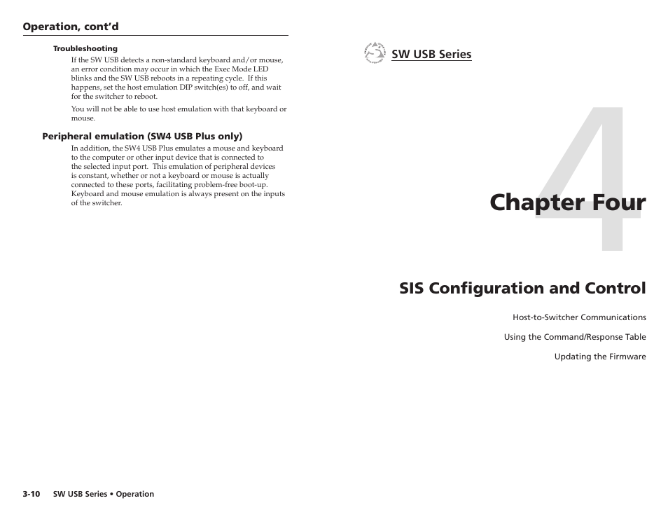 Troubleshooting, Peripheral emulation (sw4 usb plus only), Chapter four | Sis configuration and control, Troubleshooting -10, Peripheral emulation (sw4 usb plus only) -10, Chapter four • sis configuration and control | Extron electronic RSB 126 User Manual | Page 21 / 30