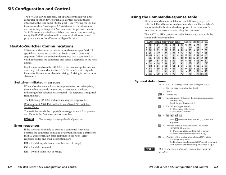 Host-to-switcher communications, Switcher-initiated messages, Error responses | Using the command/response table, Symbol definitions, Host-to-switcher communications, Switcher-initiated messages -2 error responses -2, Symbol definitions -3, Sis configuration and control | Extron electronic RSB 126 User Manual | Page 22 / 30