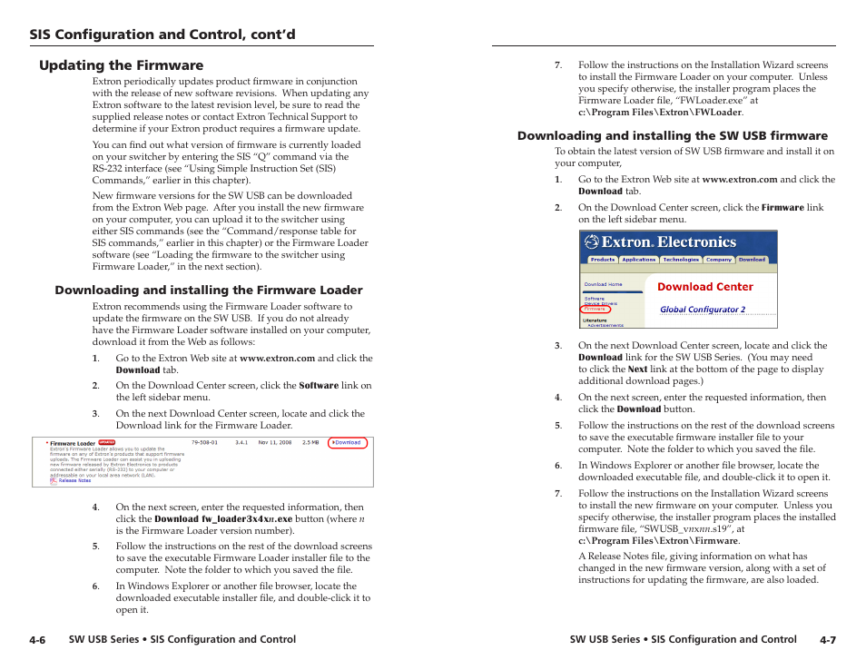 Updating the firmware, Downloading and installing the firmware loader, Downloading and installing the sw usb firmware | Updating the firmware, Sis configuration and control, cont’d | Extron electronic RSB 126 User Manual | Page 24 / 30