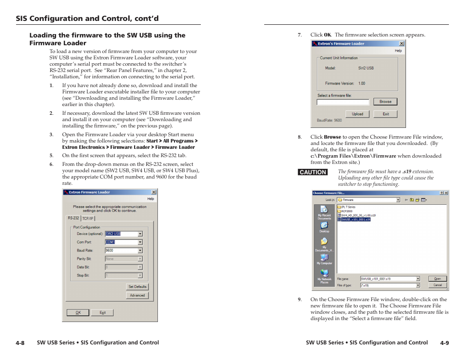 Loading the firmware to the sw usb using the, Firmware loader -8, Sis configuration and control, cont’d | Extron electronic RSB 126 User Manual | Page 25 / 30