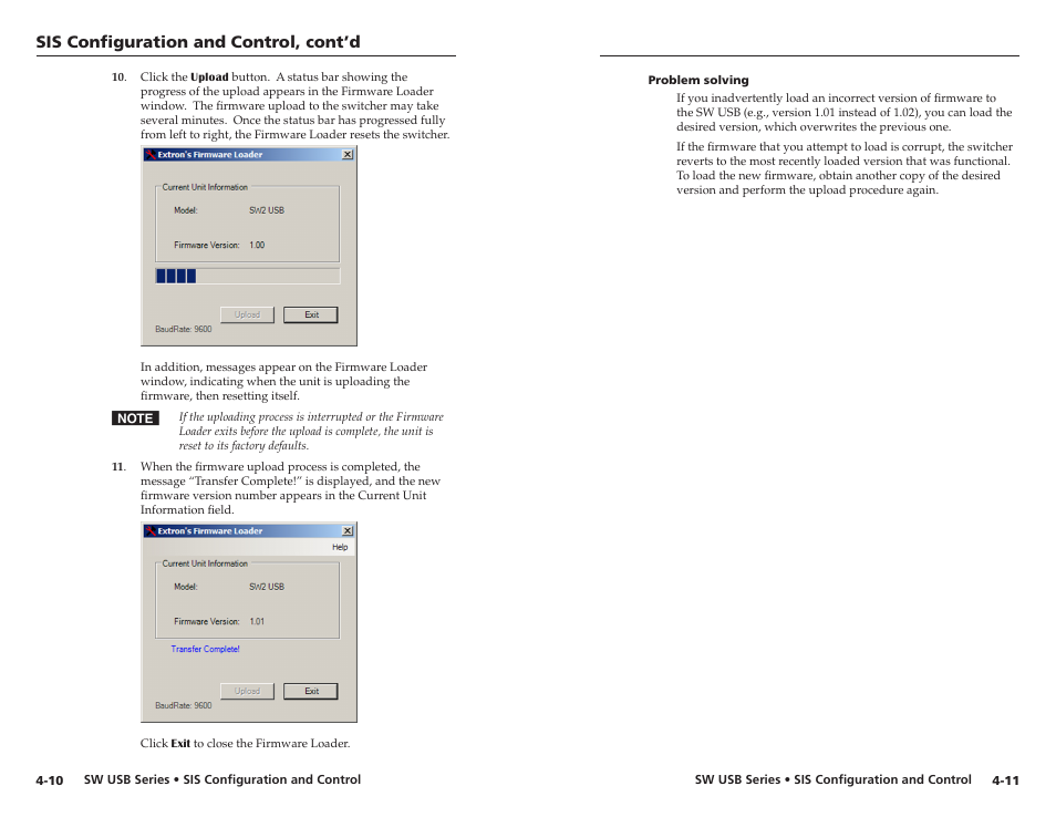 Problem solving, Problem solving -11, Sis configuration and control, cont’d | Extron electronic RSB 126 User Manual | Page 26 / 30