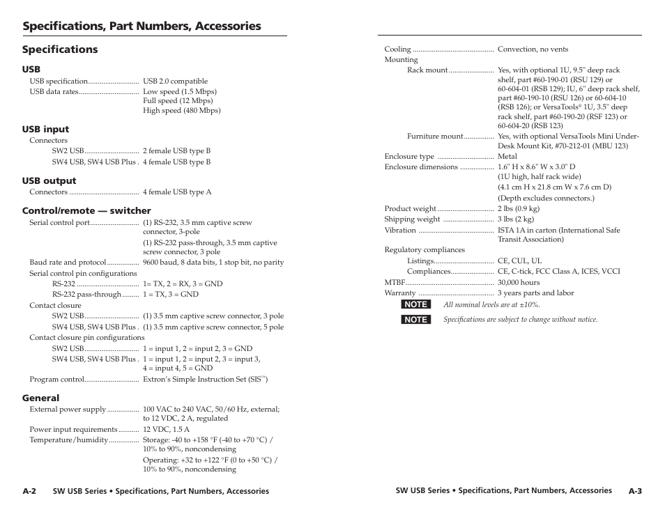 Specifications, Specifications, part numbers, accessories | Extron electronic RSB 126 User Manual | Page 28 / 30