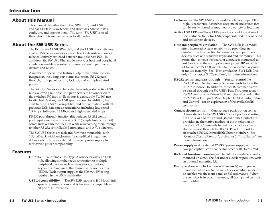 About this manual, About the sw usb series, Features | Introduction | Extron electronic RSB 126 User Manual | Page 7 / 30