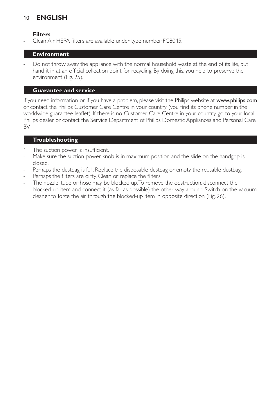 Filters, Environment, Guarantee and service | Troubleshooting | Philips FC8440 User Manual | Page 10 / 104