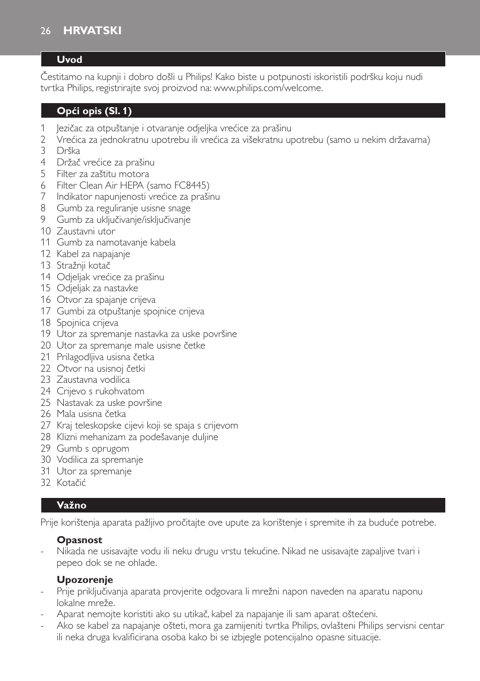 Opasnost, Upozorenje, Hrvatski | Uvod, Opći opis (sl. 1), Važno | Philips FC8440 User Manual | Page 26 / 104