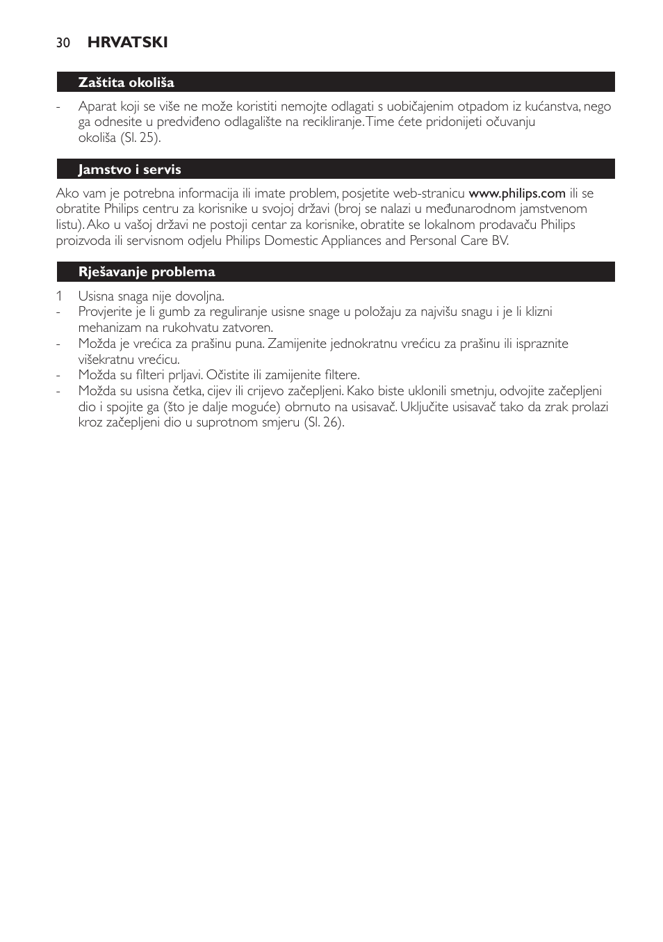 Zaštita okoliša, Jamstvo i servis, Rješavanje problema | Philips FC8440 User Manual | Page 30 / 104