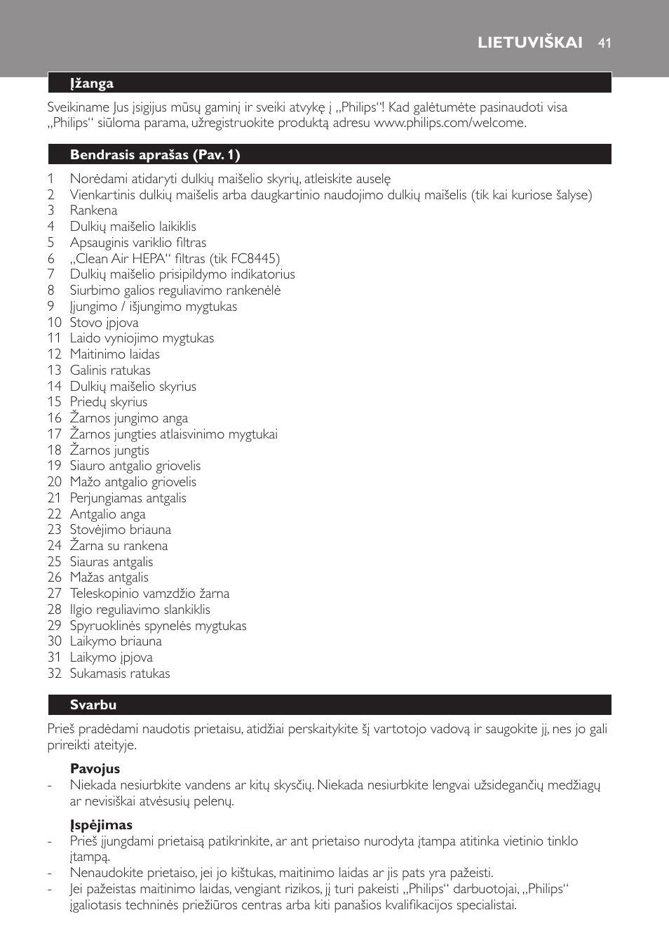 Pavojus, Įspėjimas, Lietuviškai | Įžanga, Bendrasis aprašas (pav. 1), Svarbu | Philips FC8440 User Manual | Page 41 / 104