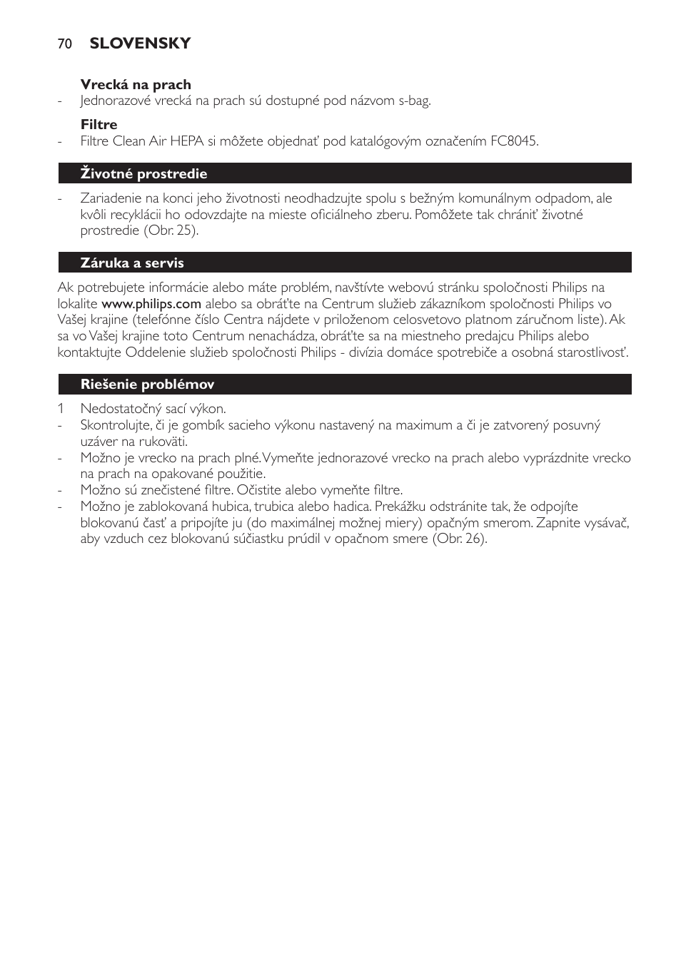 Vrecká na prach, Filtre, Životné prostredie | Záruka a servis, Riešenie problémov | Philips FC8440 User Manual | Page 70 / 104