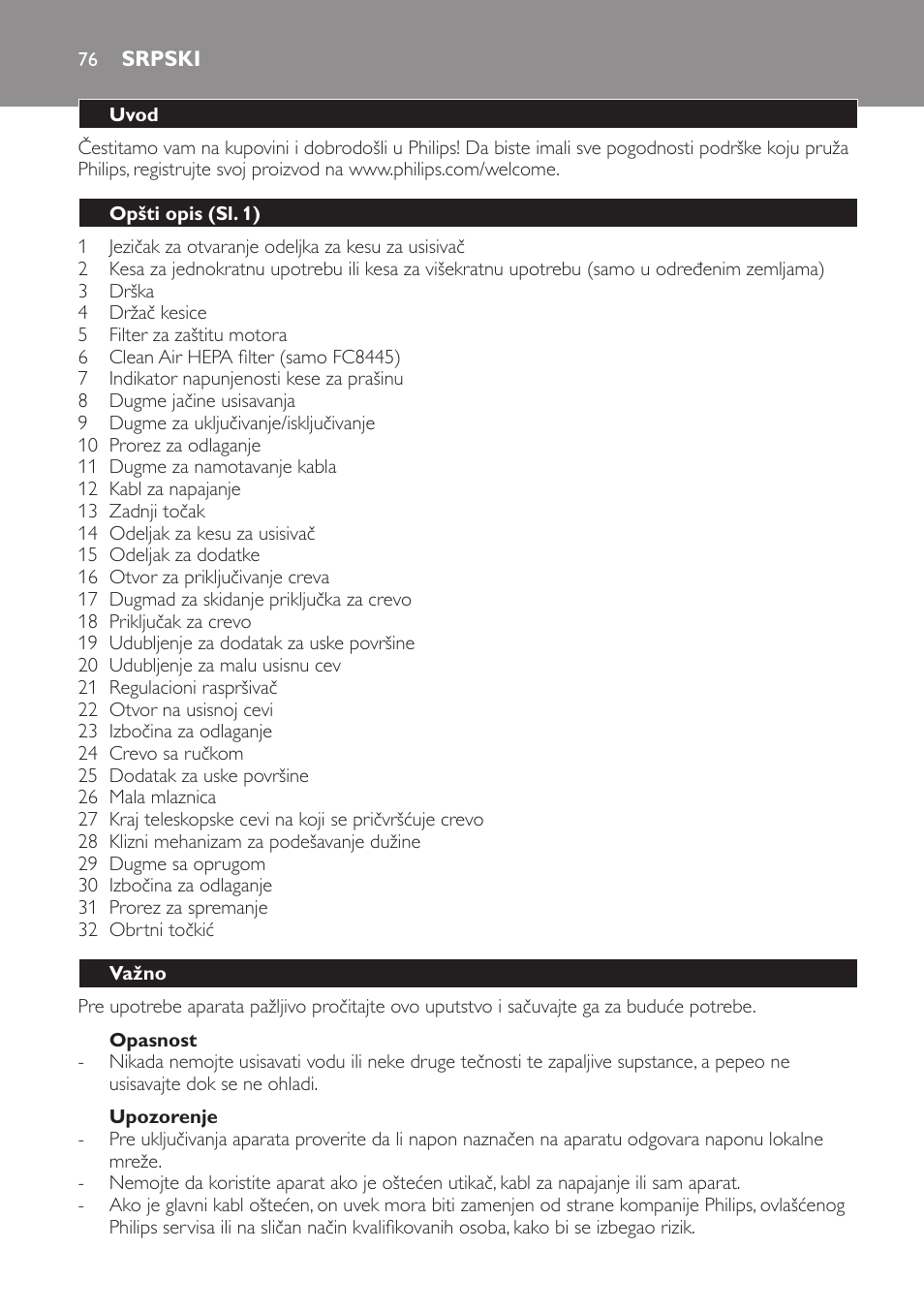 Opasnost, Upozorenje, Srpski | Uvod, Opšti opis (sl. 1), Važno | Philips FC8440 User Manual | Page 76 / 104