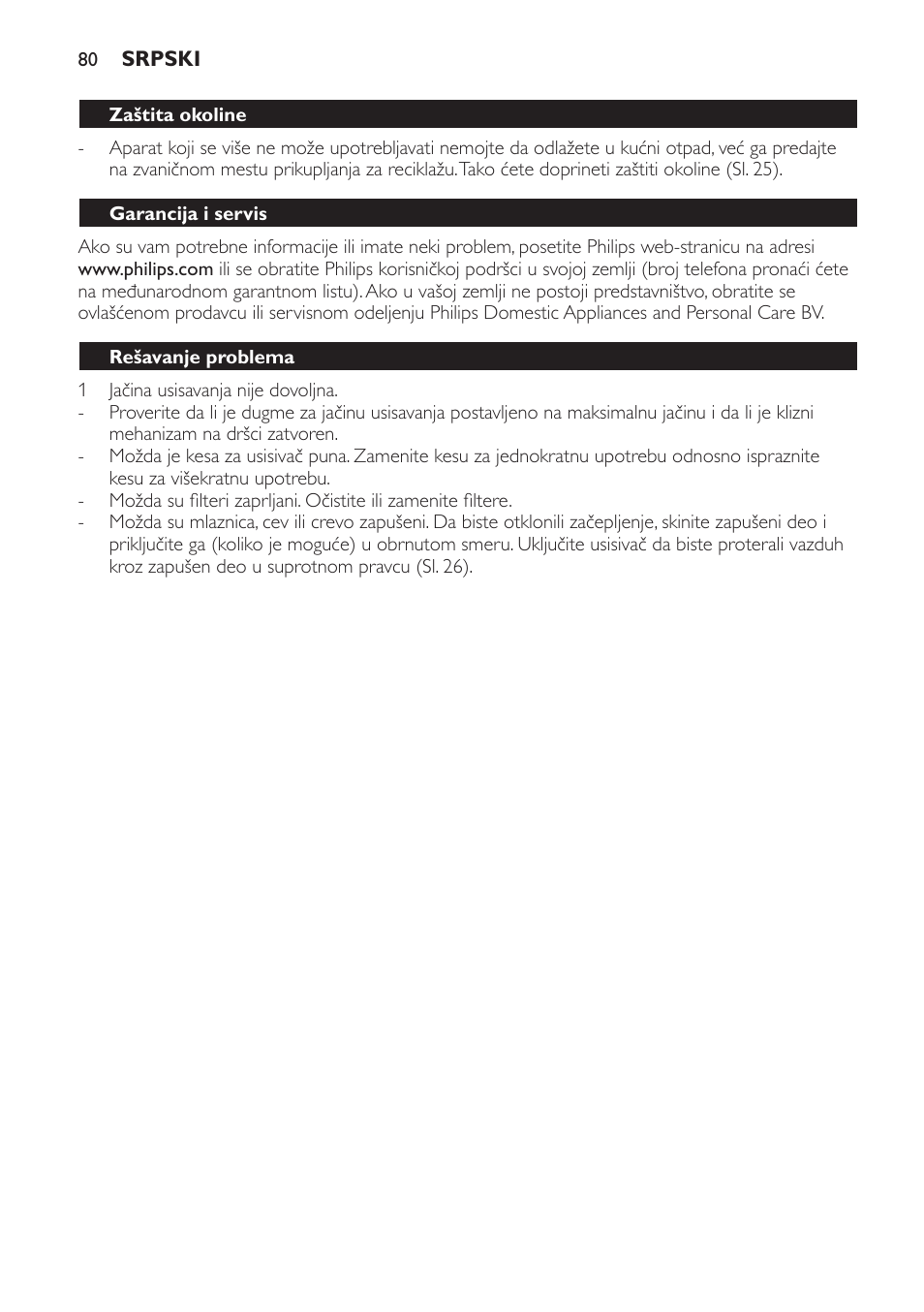 Zaštita okoline, Garancija i servis, Rešavanje problema | Philips FC8440 User Manual | Page 80 / 104