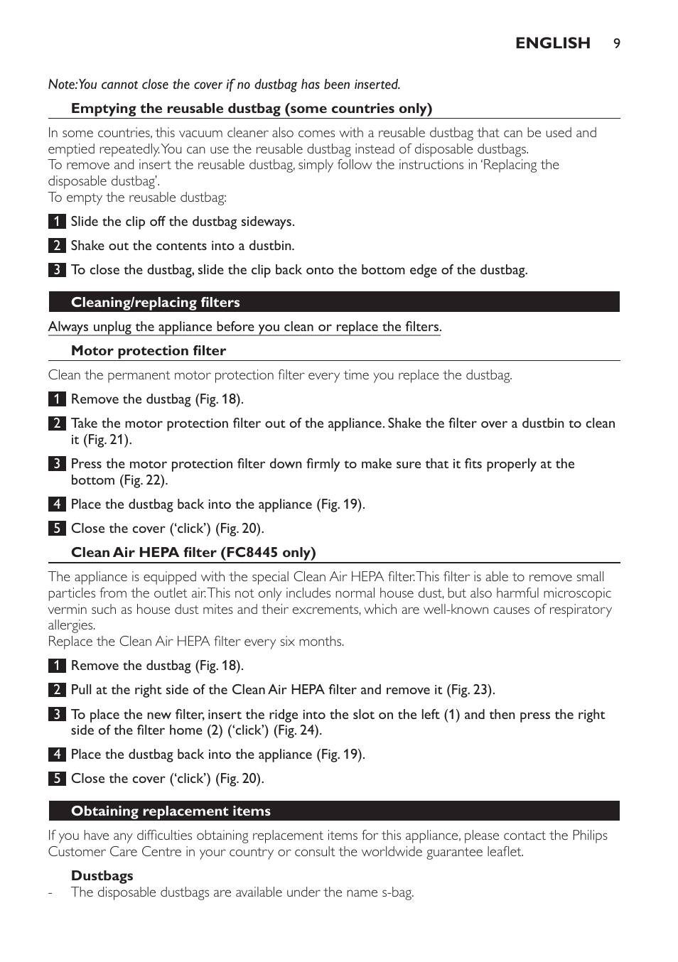 Cleaning/replacing filters, Motor protection filter, Clean air hepa filter (fc8445 only) | Dustbags, Obtaining replacement items | Philips FC8440 User Manual | Page 9 / 104