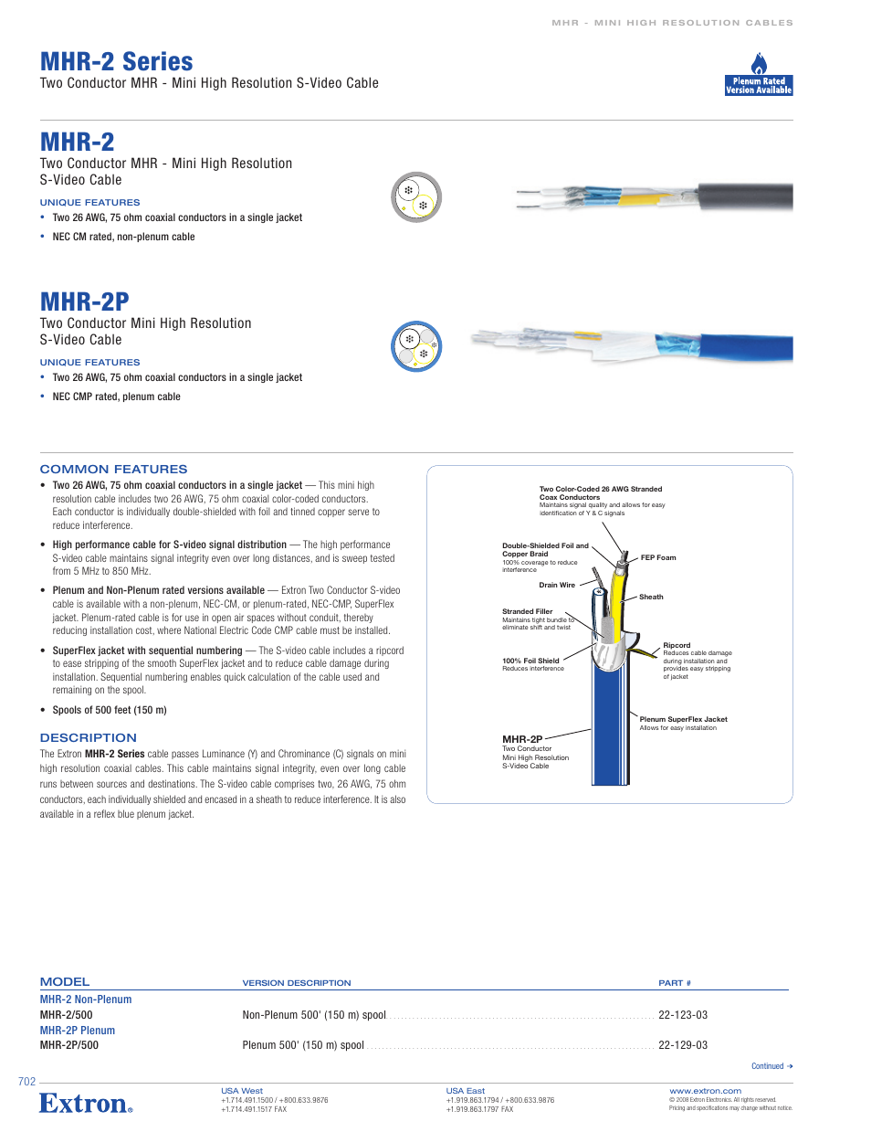 Extron electronic Two Conductor MHR - Mini High Resolution S-Video Cable MHR-2 Series User Manual | 2 pages