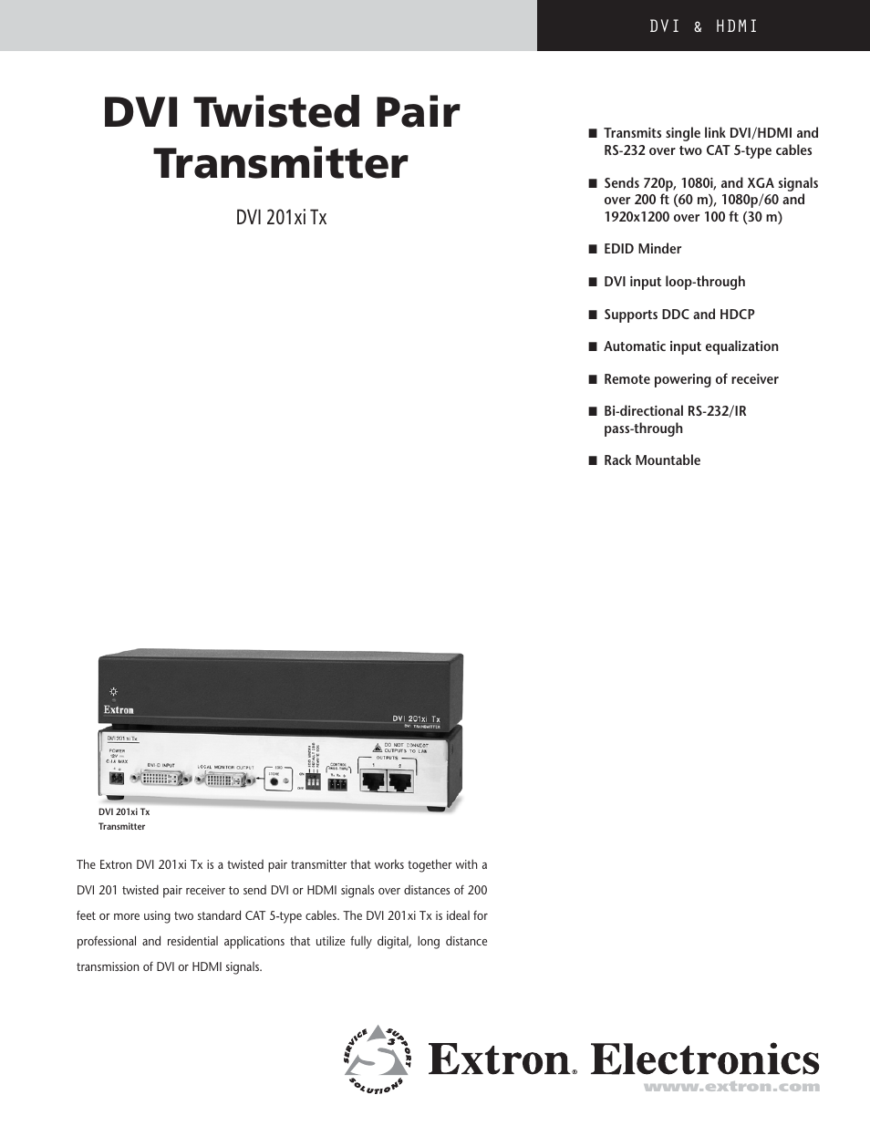 Extron electronic DVI Twisted Pair Transmitter DVI 201xi Tx User Manual | 4 pages