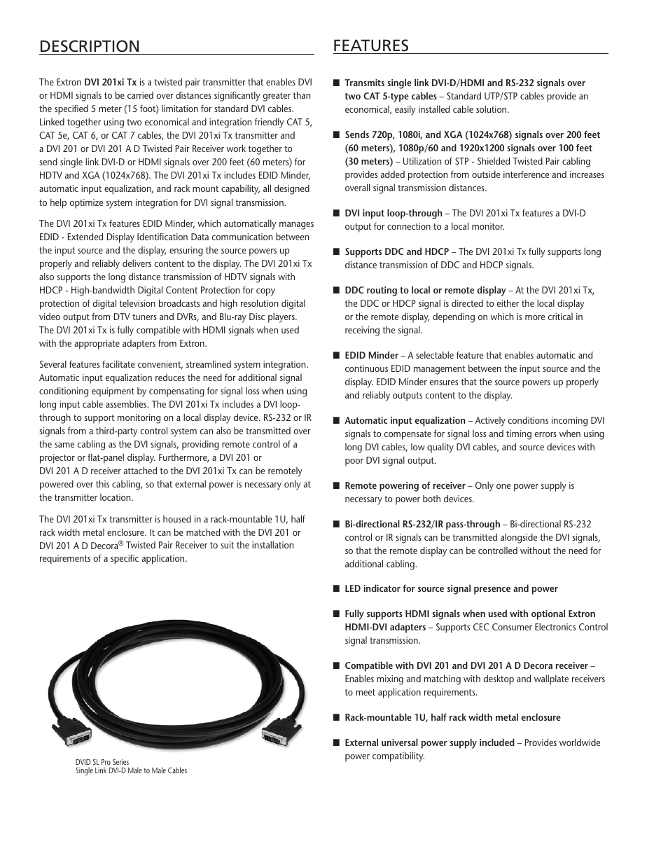 Features description | Extron electronic DVI Twisted Pair Transmitter DVI 201xi Tx User Manual | Page 2 / 4